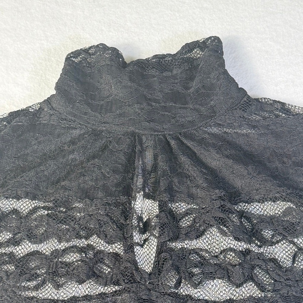 Black Sheer Floral Lace Mock Neck Long Sleeve Blouse Keyhole Mesh Top - Picture 6 of 15